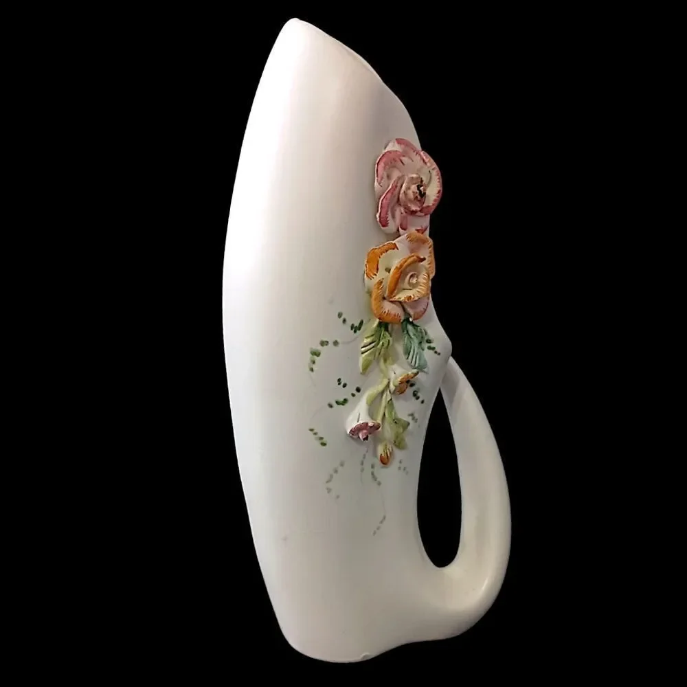 Vtg Applied Flowers Porcelain Vase Pitcher Abstract Handpainted Art Deco Nouveau